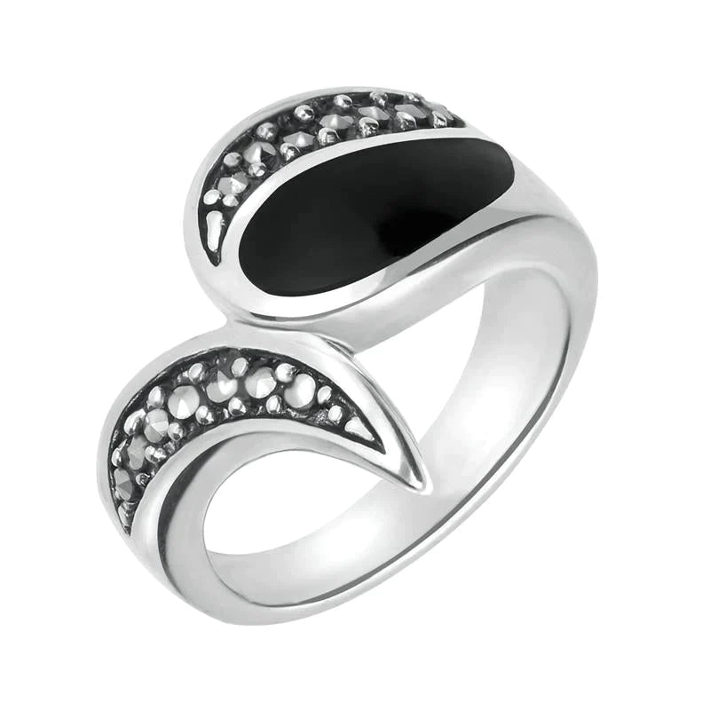 Sterling Silver Whitby Jet Marcasite Teardrop Shaped Ring - Option1 Value Silver