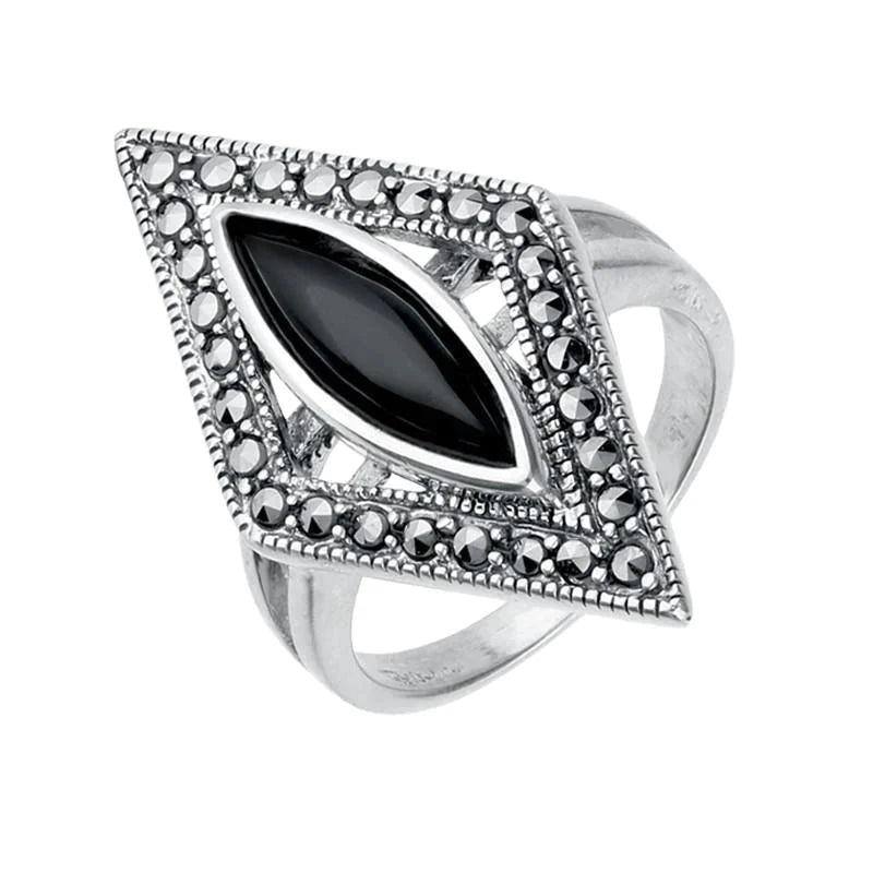 Sterling Silver Whitby Jet Marcasite Triangle Ring - Silver