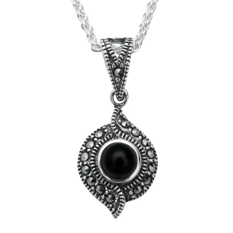 Sterling Silver Whitby Jet Marcasite Twisted Round Pendant Necklace - Silver