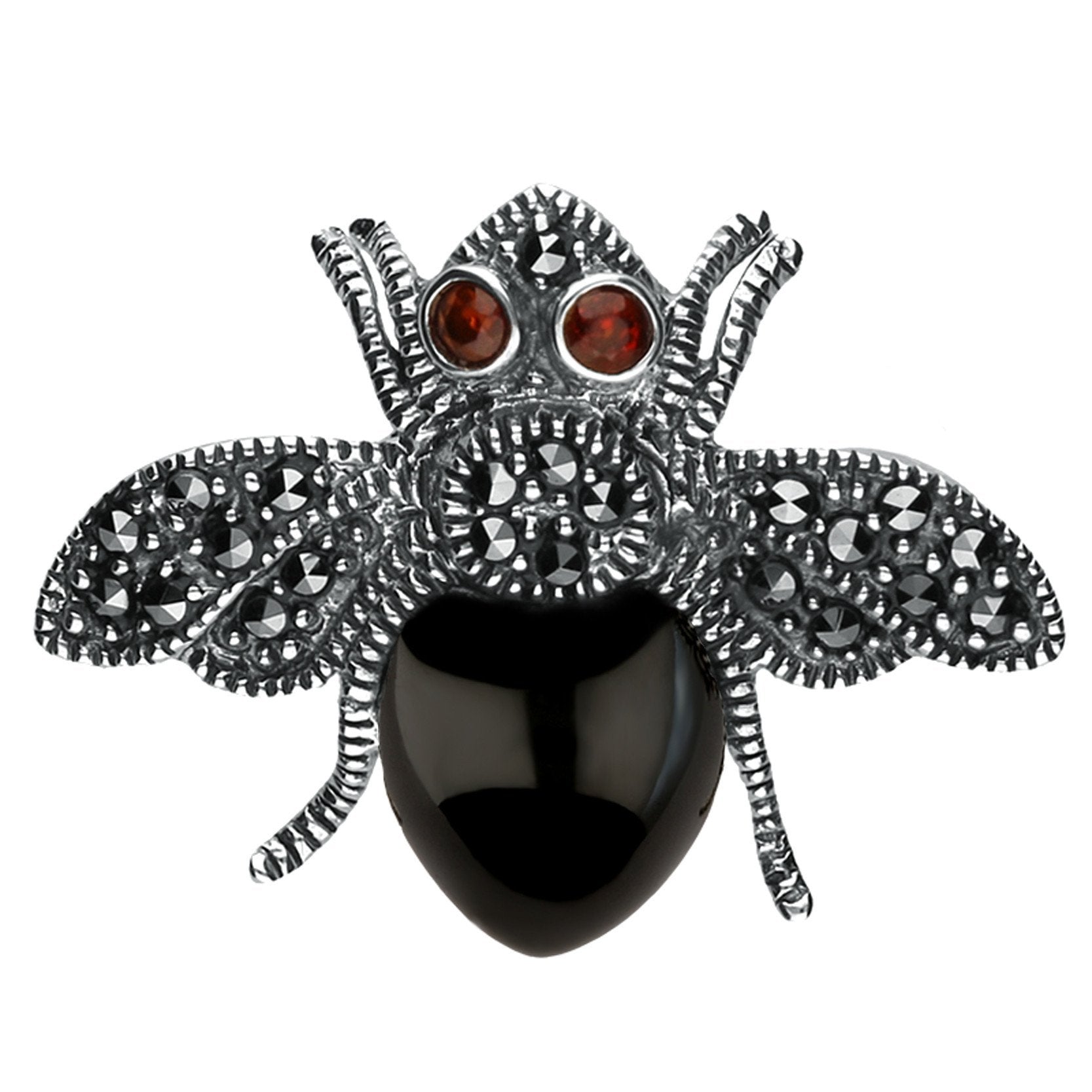 Sterling Silver Whitby Jet Marcasite Wings Garnet Bee Brooch - Silver