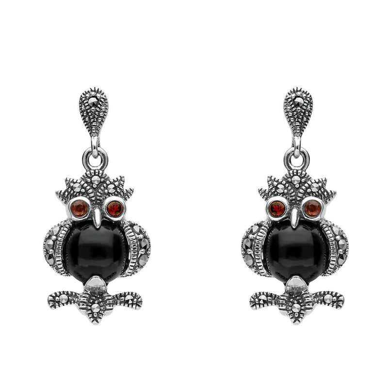 Sterling Silver Whitby Jet Marcasite and Garnet Owl Drop Earrings - Silver
