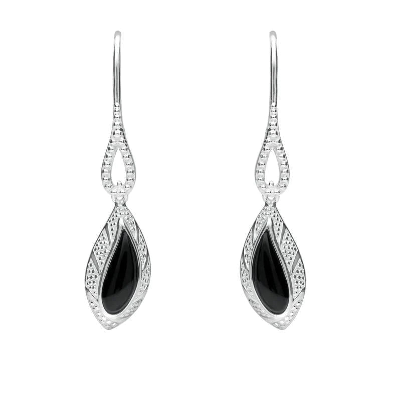 Sterling Silver Whitby Jet Marquise Beaded Edge Earrings - Silver