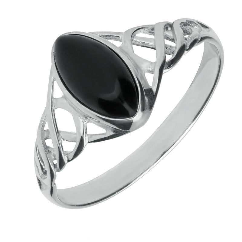 Sterling Silver Whitby Jet Marquise Celtic Ring - Silver