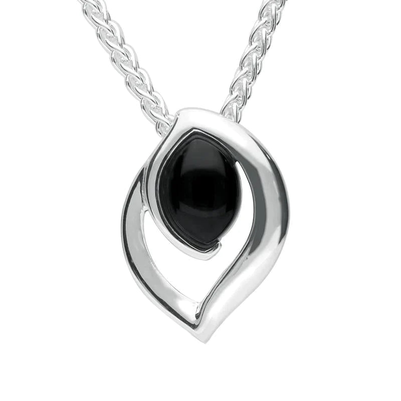 Sterling Silver Whitby Jet Marquise Flame Necklace - Silver