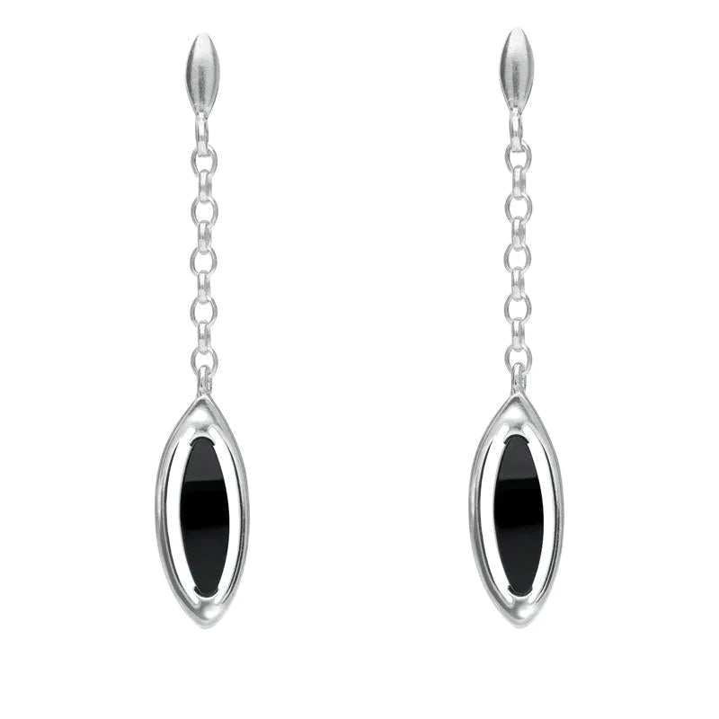 Sterling Silver Whitby Jet Marquise Open Edge Chain Drop Earrings - Silver