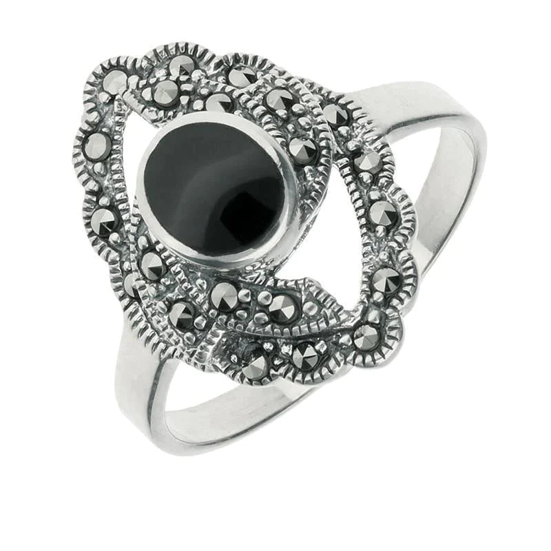 Sterling Silver Whitby Jet Marquise Oval Centre Twisted Ring - Option1 Value Silver
