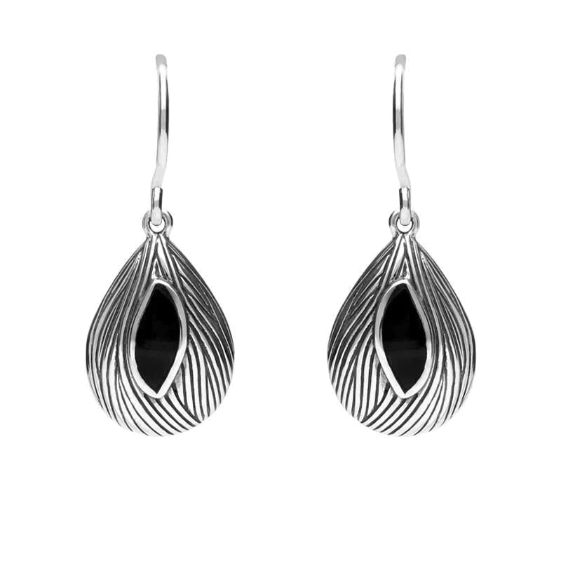 Sterling Silver Whitby Jet Marquise Shape Wave Wood Effect Earrings - Option1 Value Silver