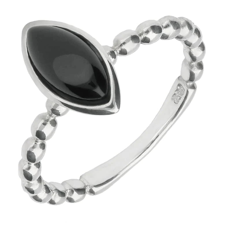 Sterling Silver Whitby Jet Marquise beaded Shank Stacking Ring - Silver