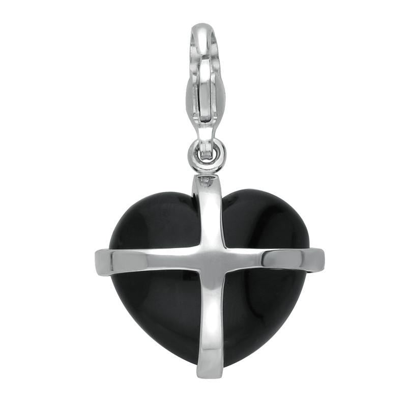 Sterling Silver Whitby Jet Medium Cross Heart Charm - Silver