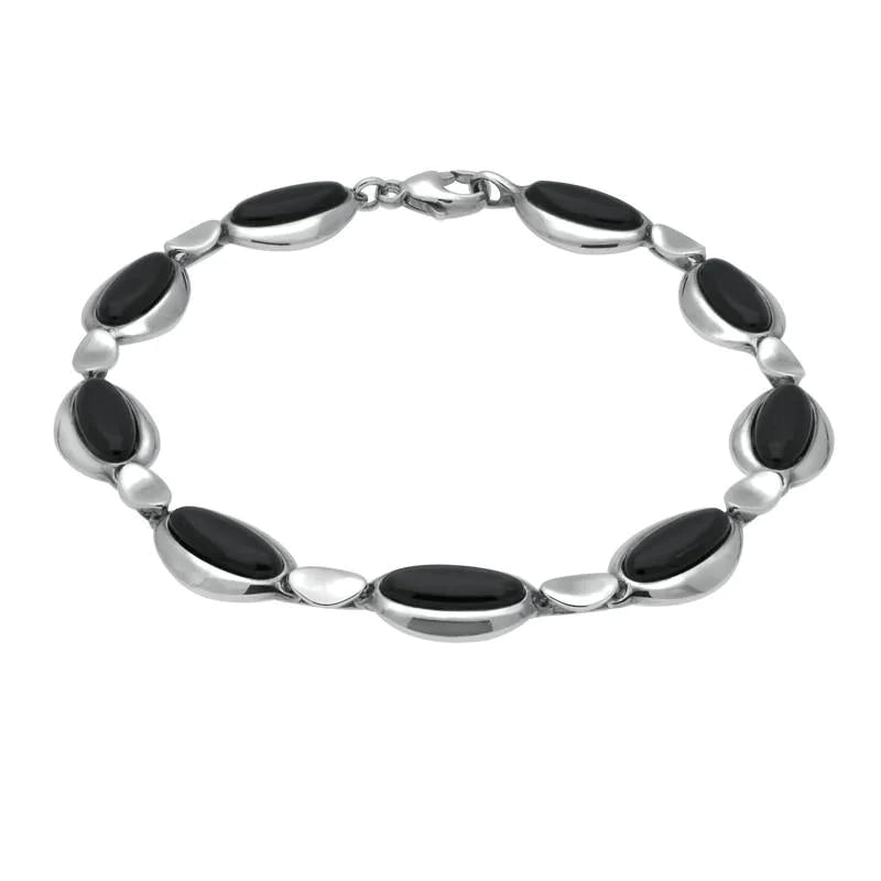 Sterling Silver Whitby Jet Nine Stone Long Oval Bracelet - Silver
