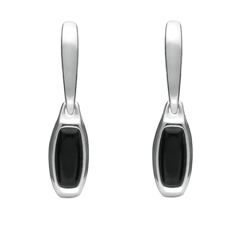 Sterling Silver Whitby Jet Oblong Hinged Drop Earrings - Silver