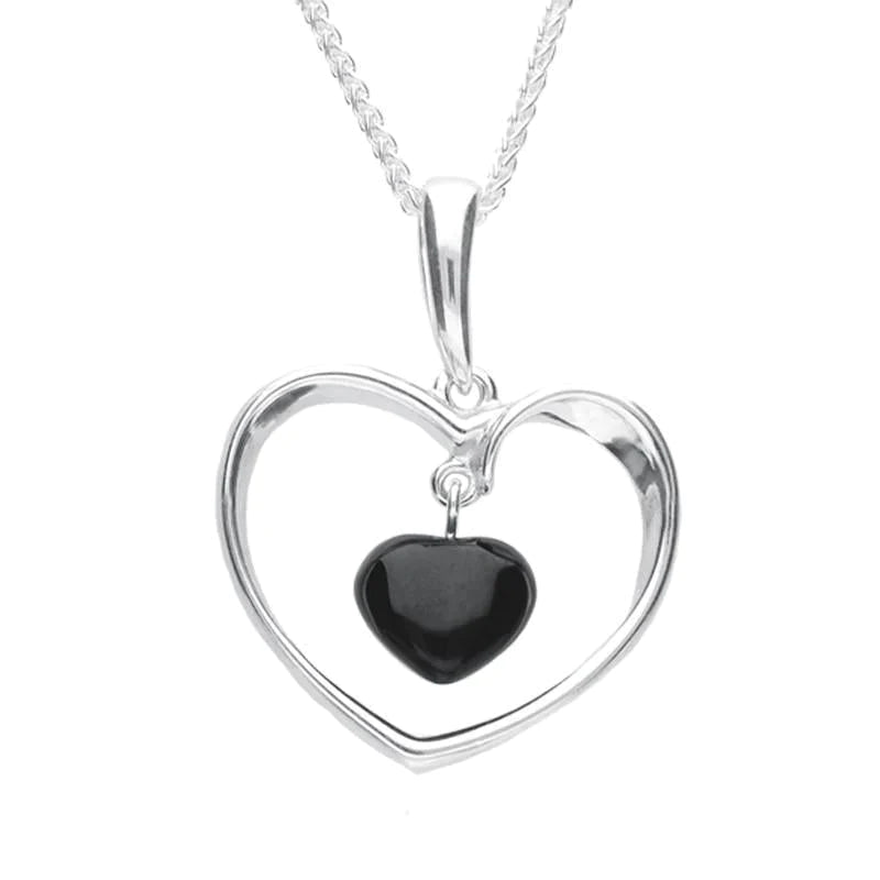Sterling Silver Whitby Jet Open Heart Necklace - Silver