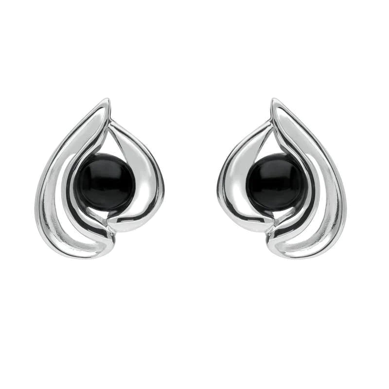 Sterling Silver Whitby Jet Open Teardrop Stud Earrings - Silver