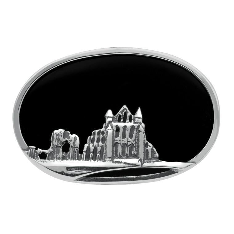 Sterling Silver Whitby Jet Gothic Oval Abbey Brooch - Silver