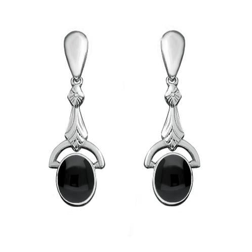 Sterling Silver Whitby Jet Oval Art Deco Drop Earrings - Silver