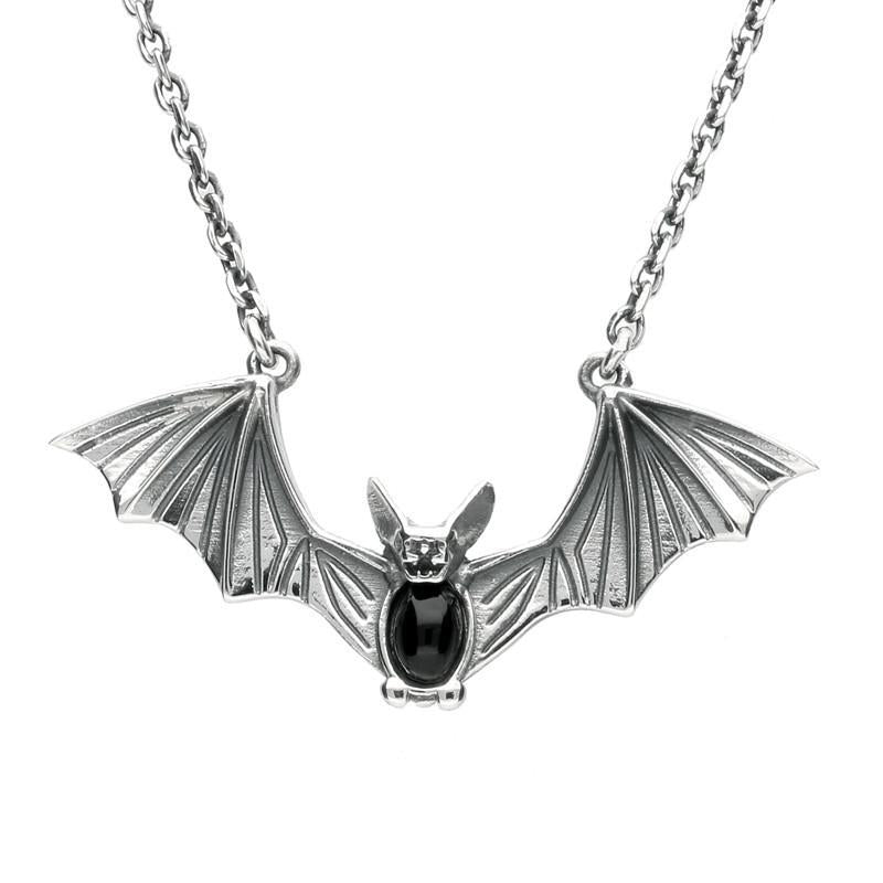 Sterling Silver Whitby Jet Oval Belly Bat Necklace - Silver