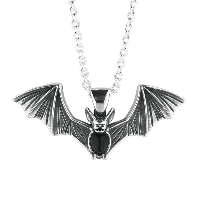 Sterling Silver Whitby Jet Gothic Oval Belly Bat Necklace - Silver