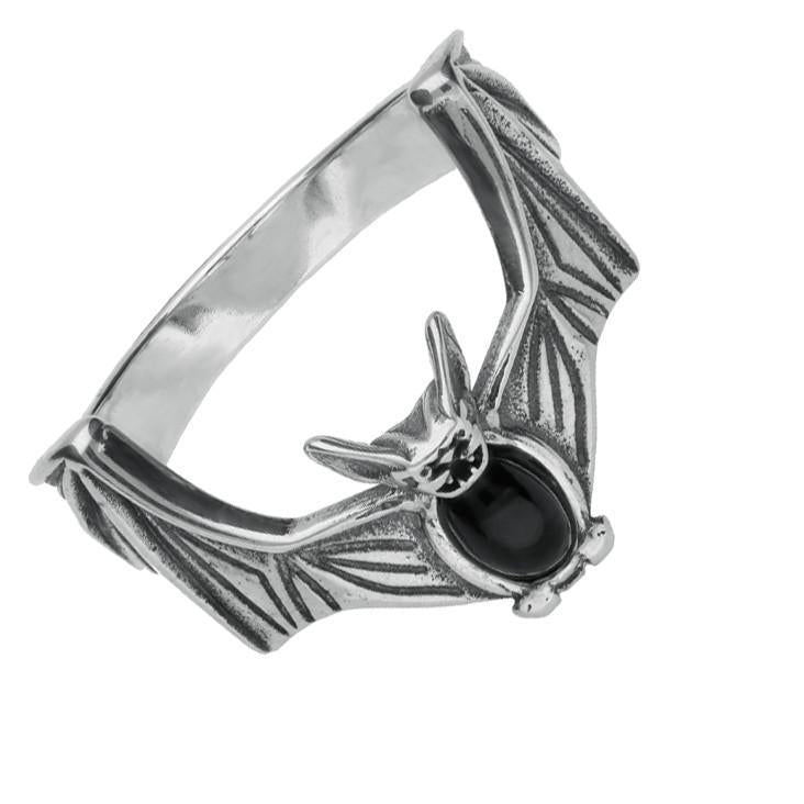 Sterling Silver Whitby Jet Oval Belly Bat Ring - Silver