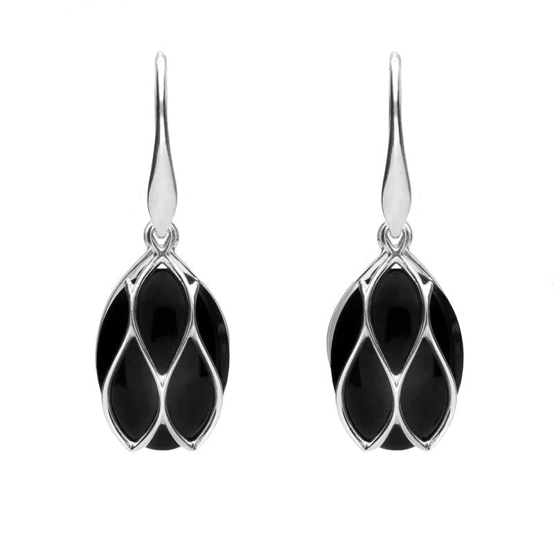 Sterling Silver Whitby Jet Oval Caged Drop Earrings - Silver