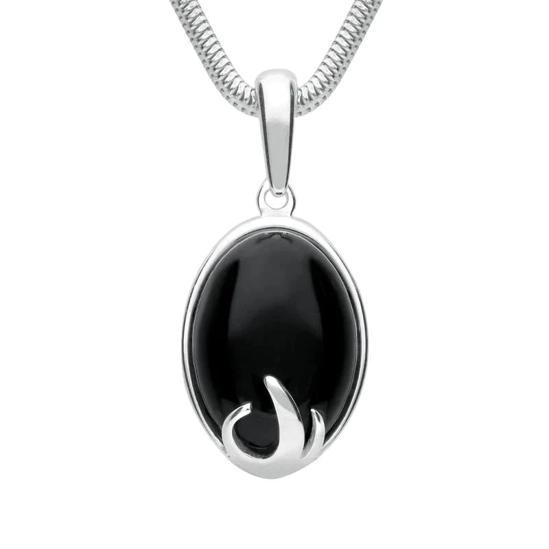 Sterling Silver Whitby Jet Oval Claw Necklace - Silver