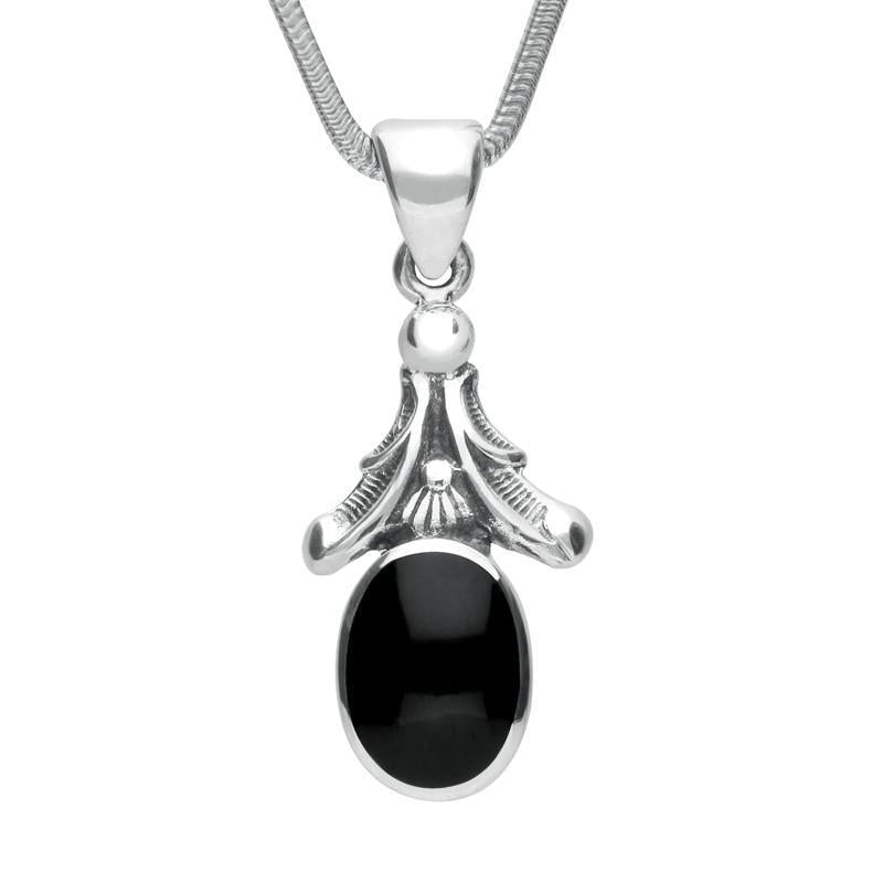Sterling Silver Whitby Jet Heritage Oval Leaf Drop Necklace - Silver