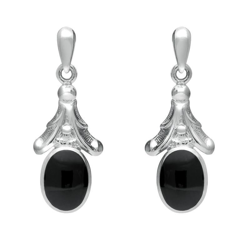 Sterling Silver Whitby Jet Oval Leaf Drop Stud Earrings - Option1 Value Silver