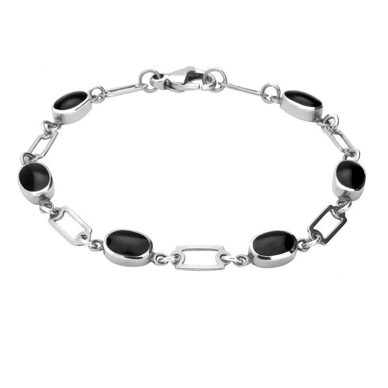 Sterling Silver Whitby Jet Oval Linked Bracelet - Silver