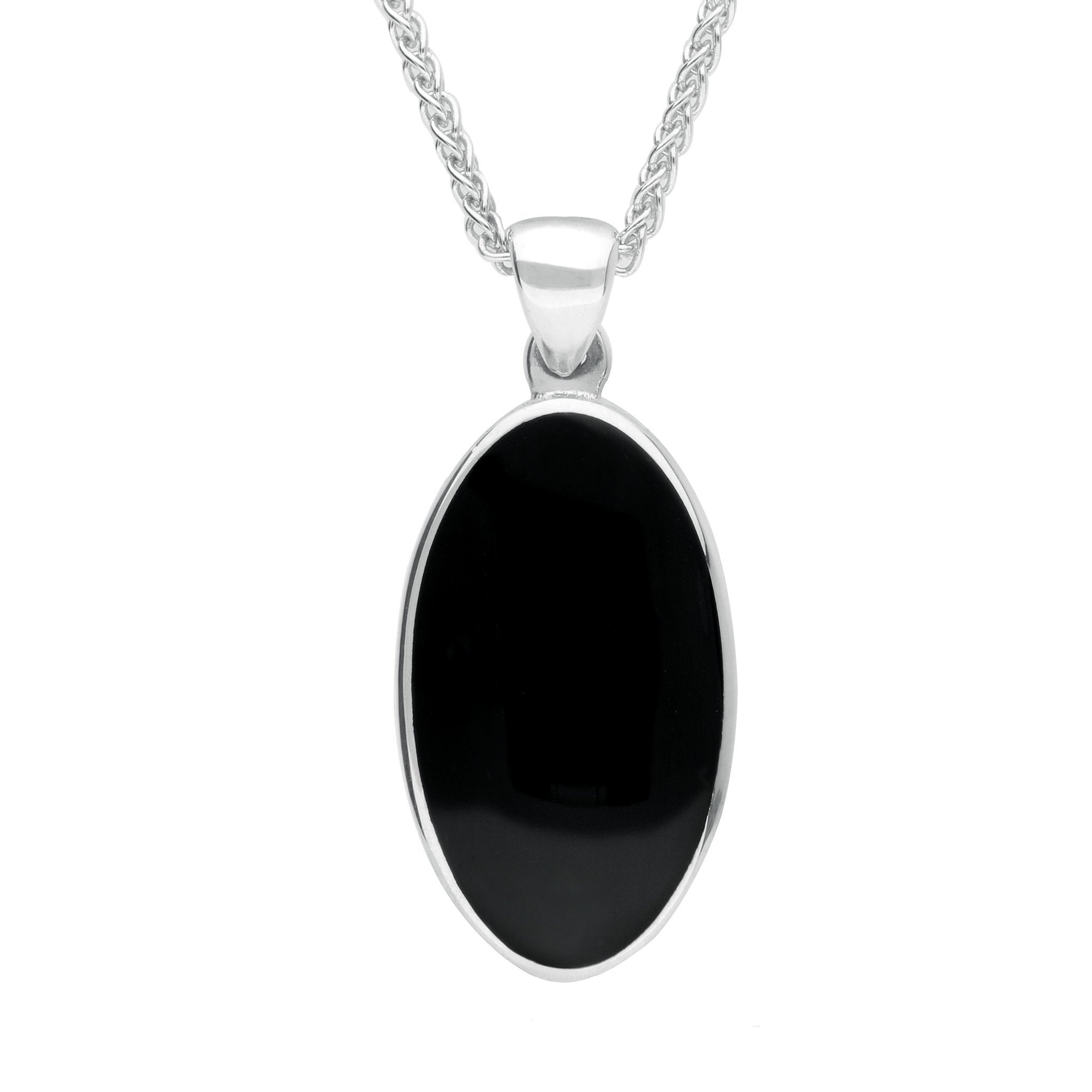 Sterling Silver Whitby Jet Oval Open Back Long Necklace - Silver