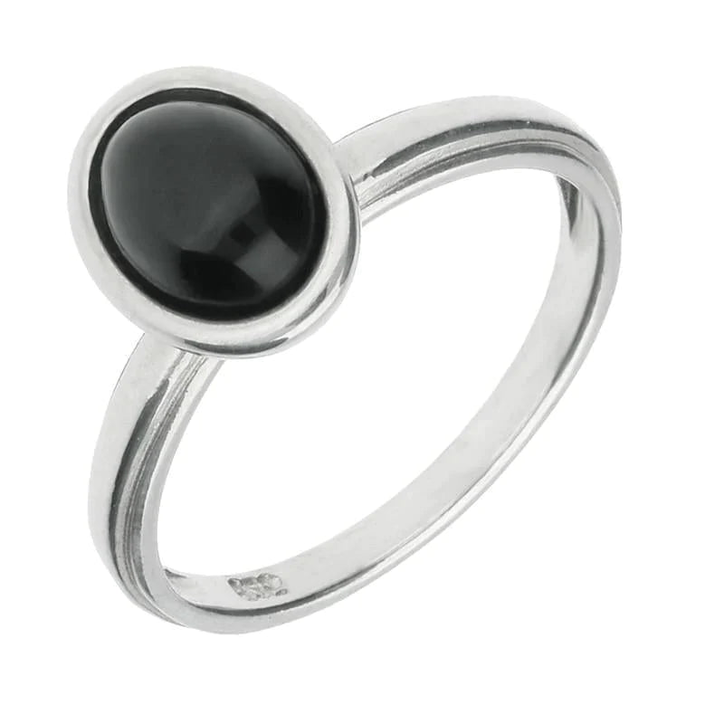 Sterling Silver Whitby Jet Oval Plain Shank Stacking Ring - Silver