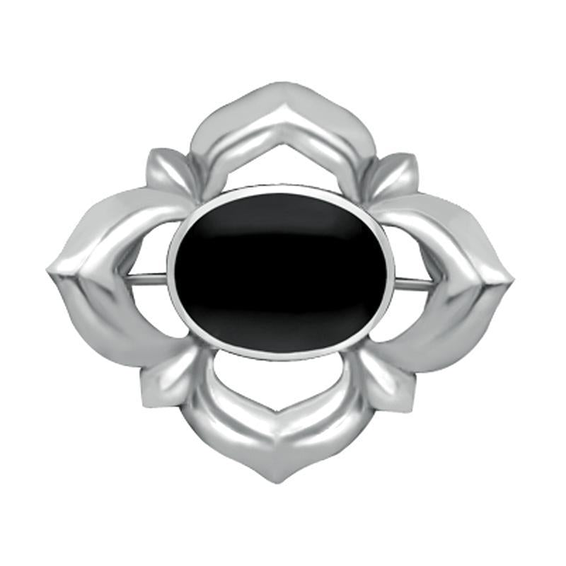 Sterling Silver Whitby Jet Oval Star Brooch - Silver