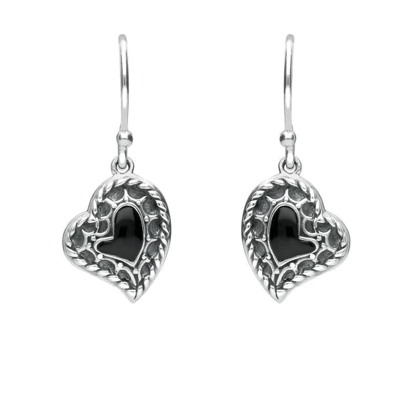 Sterling Silver Whitby Jet Oxidised Heart Drop Earrings - Silver