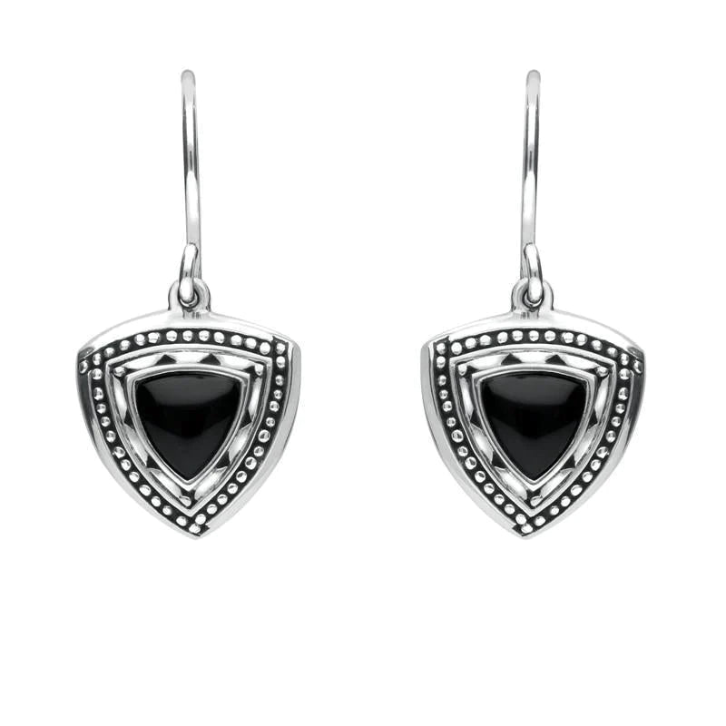 Sterling Silver Whitby Jet Oxidised Shield Drop Earrings - Silver
