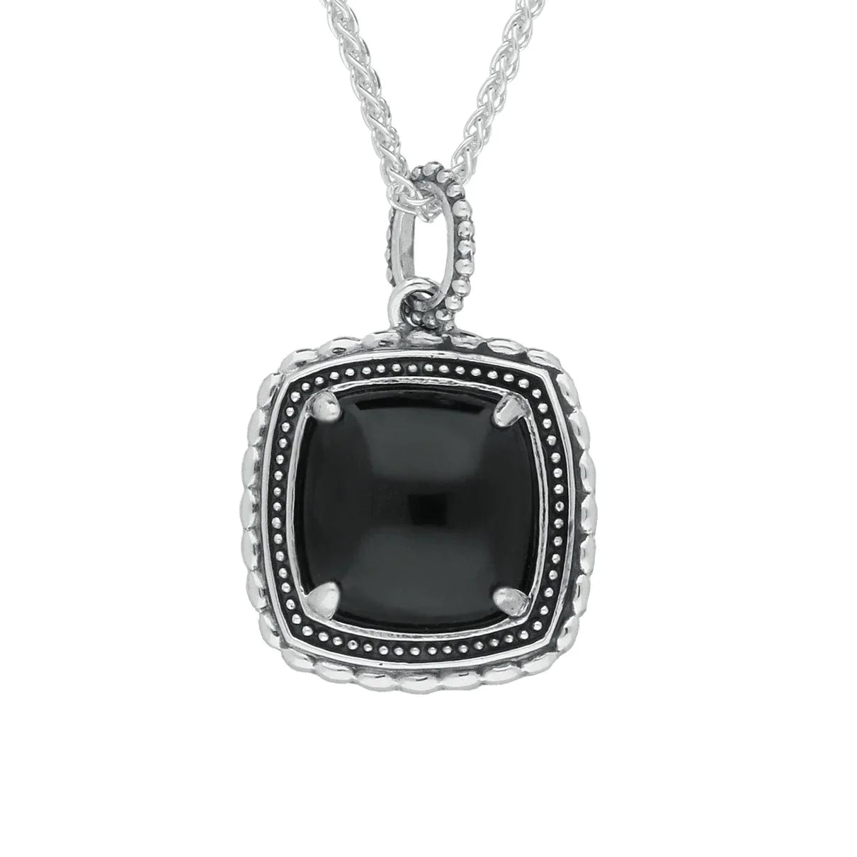 Sterling Silver Whitby Jet Oxidised Square Pattern Necklace - Silver