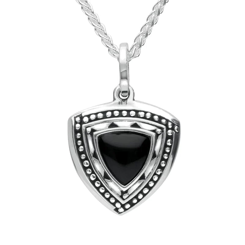 Sterling Silver Whitby Jet Oxidised Triangle Shield Necklace - Silver