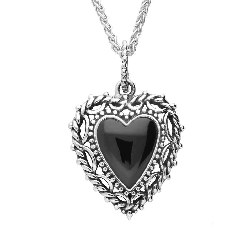 Sterling Silver Whitby Jet Pattern Edge Heart Necklace - Silver