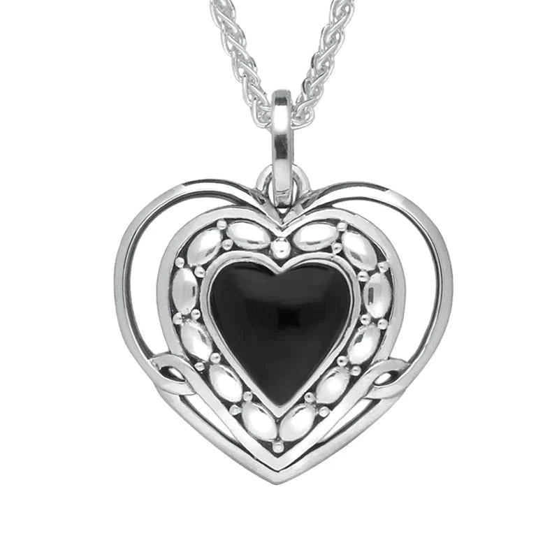 Sterling Silver Whitby Jet Pattern Open Heart Necklace - Silver
