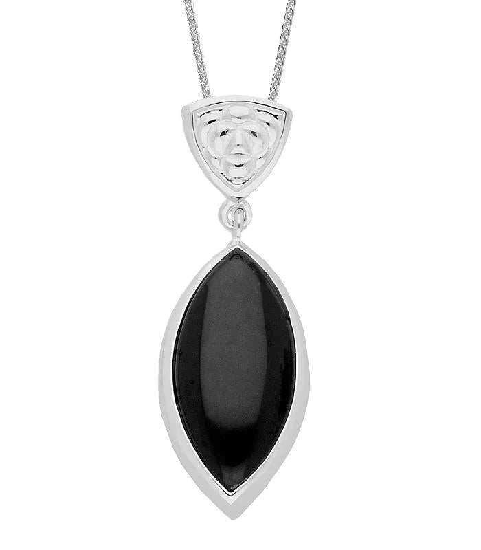 Sterling Silver Whitby Jet Patterned Marquise Necklace - Silver