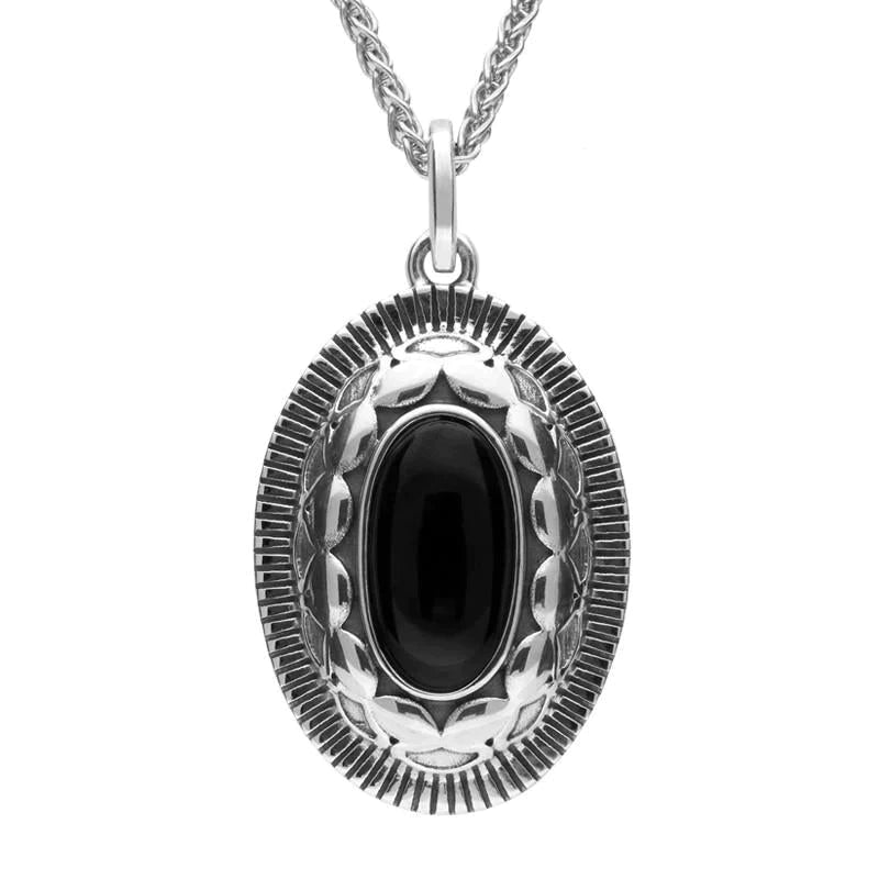 Sterling Silver Whitby Jet Patterned Oxidised Shield Necklace - Silver