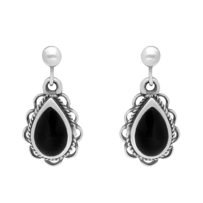 Sterling Silver Whitby Jet Heritage Pear Rope Frill Drop Earrings - Silver