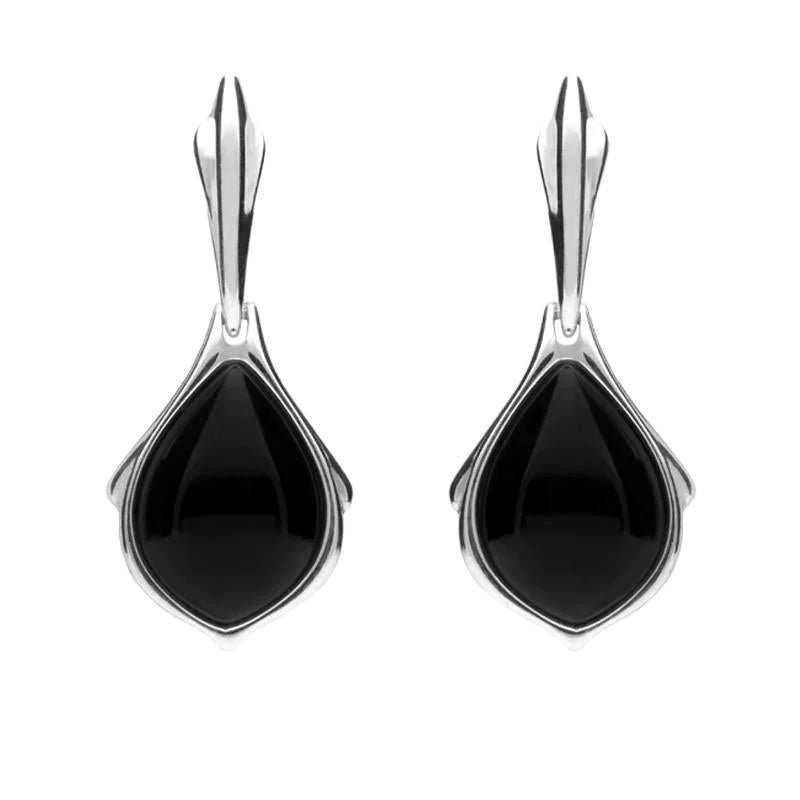 Sterling Silver Whitby Jet Pear Shape Open Back Drop Earrings - Silver