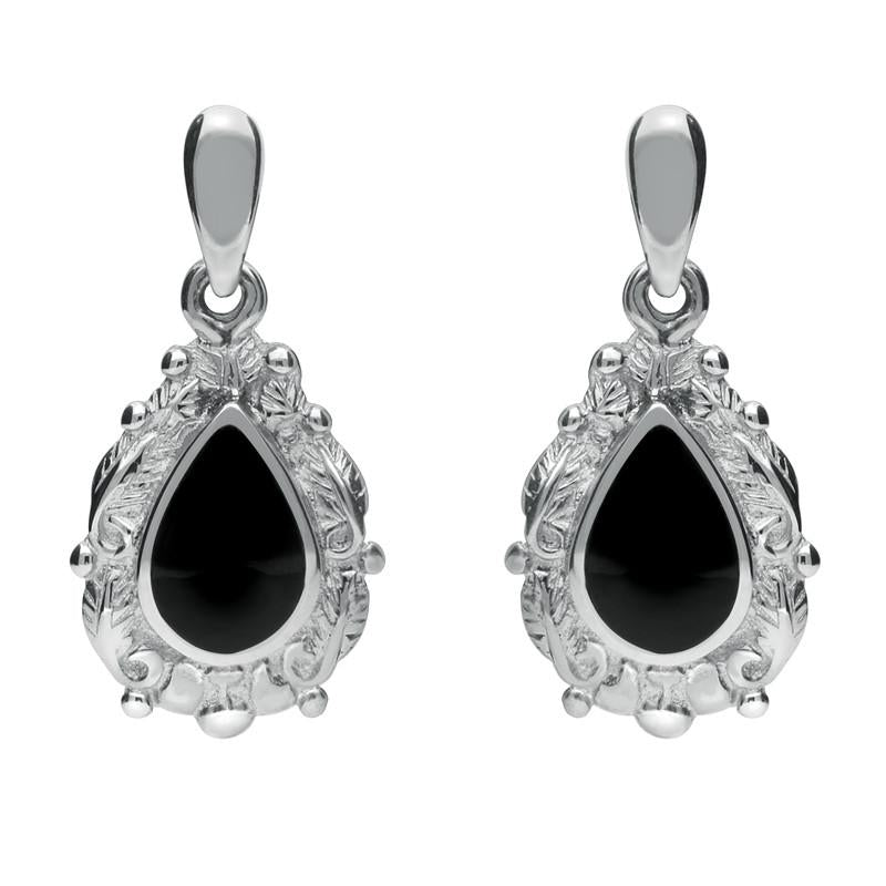 Sterling Silver Whitby Jet Pear Shaped Leaf Drop Earrings - Silver