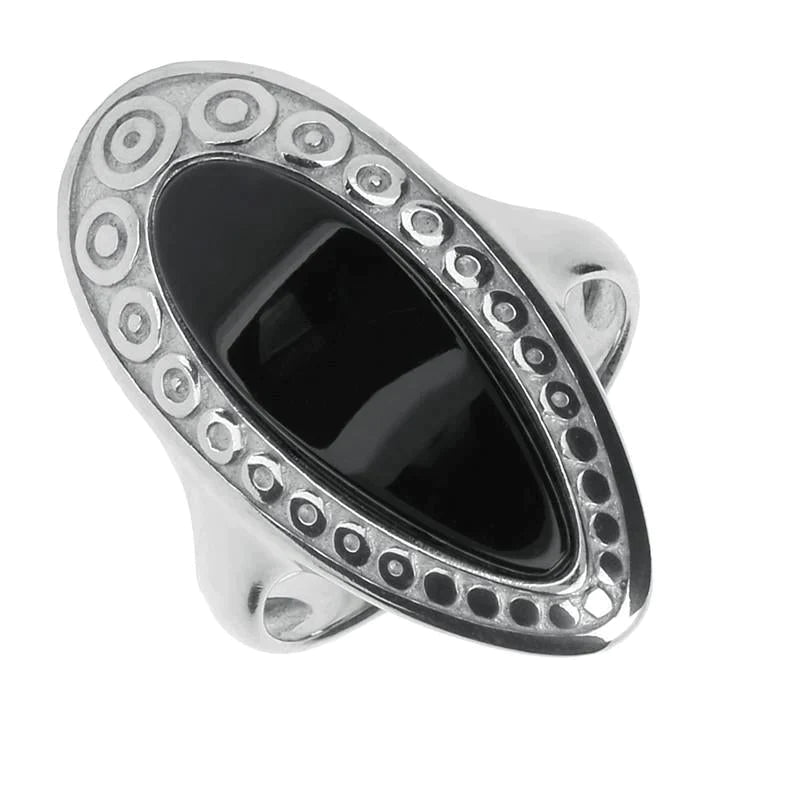 Sterling Silver Whitby Jet Heritage Pear Swirl Edge Ring - Silver