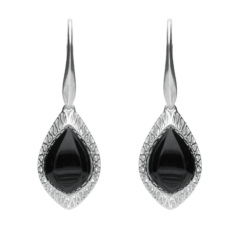Sterling Silver Whitby Jet Pierced Drop Earrings - Silver