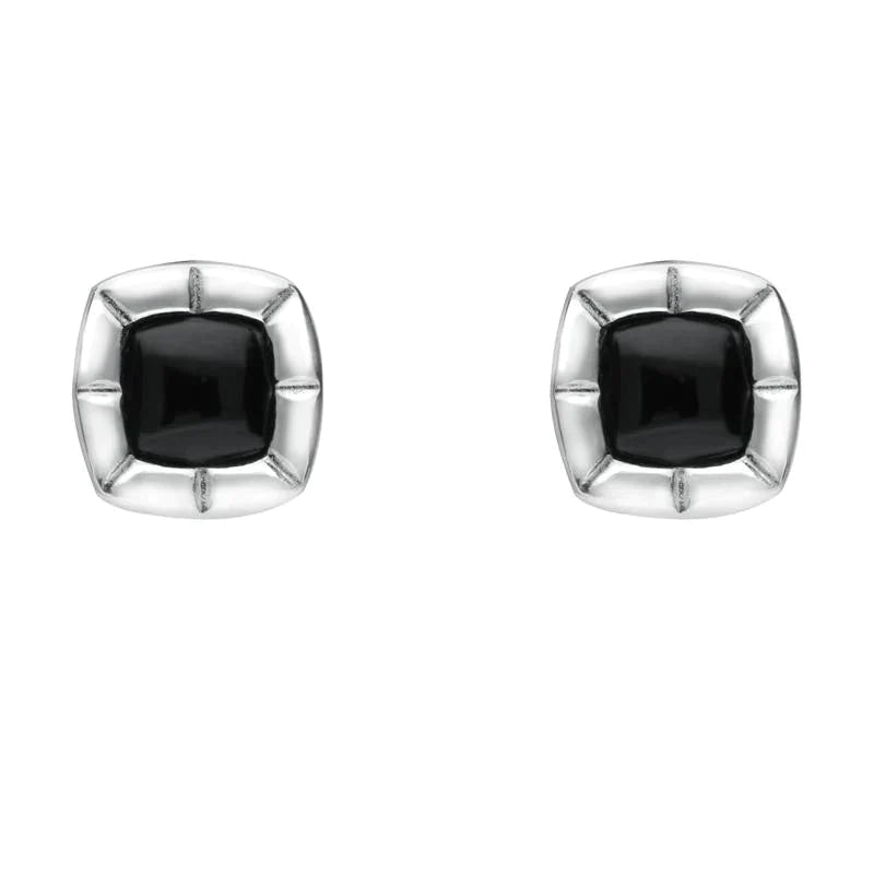 Sterling Silver Whitby Jet Ridged Cushion Stud Earrings - Silver