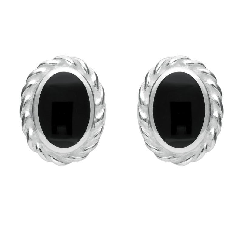 Sterling Silver Whitby Jet Rope Edge Oval Stud Earrings - Silver