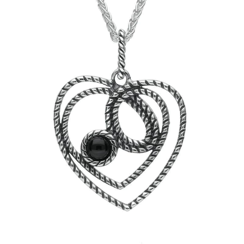 Sterling Silver Whitby Jet Rope Heart Stone Necklace - Silver