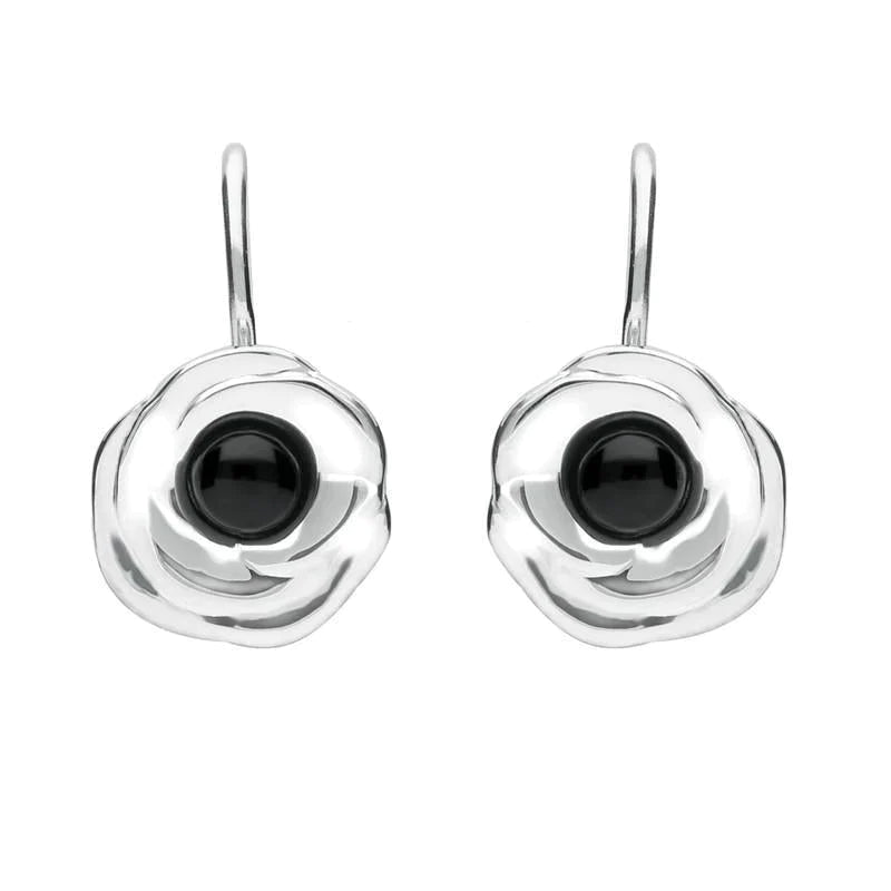 Sterling Silver Whitby Jet Rose Hook Earrings - Option1 Value Silver