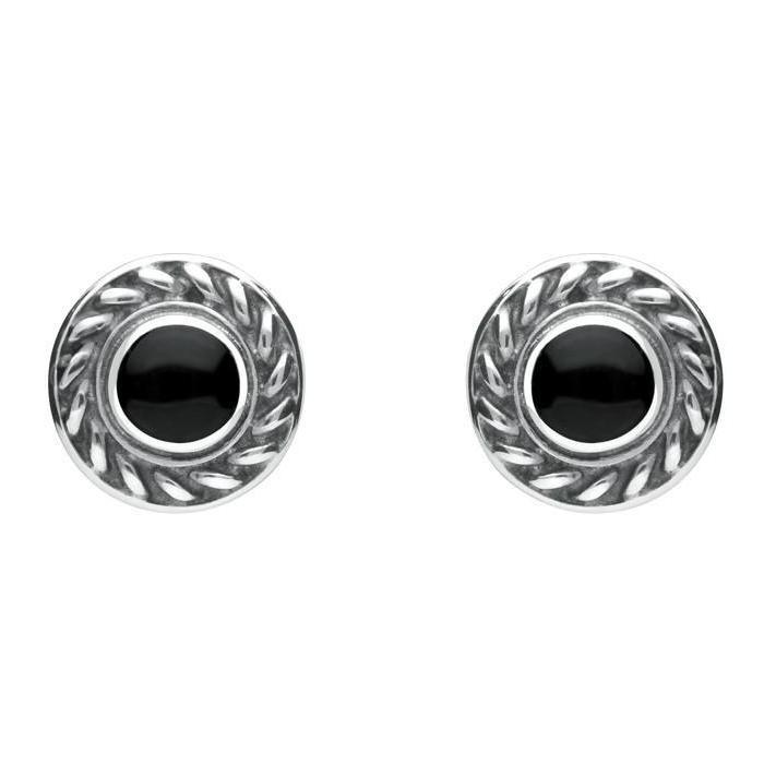 Sterling Silver Whitby Jet Round Rope Edge Stud Earrings - Silver