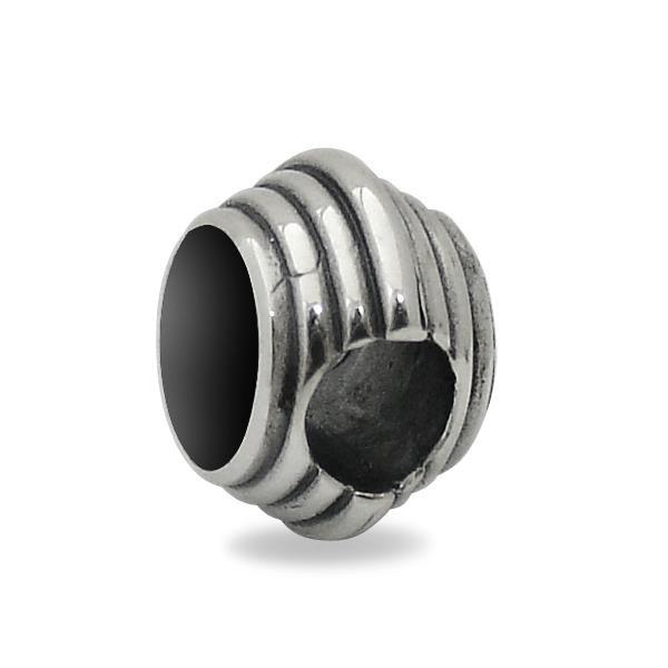 Sterling Silver Whitby Jet Round Stone Ribbed Charm - Silver
