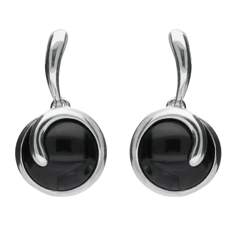 Sterling Silver Whitby Jet Round Swirl Drop Earrings - Silver